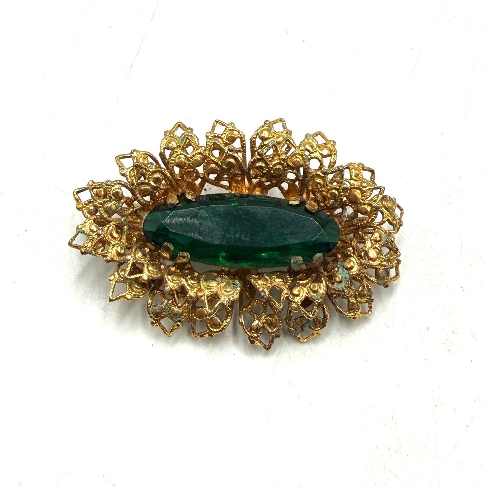 Vintage Made in Austria Emerald Green Glass Filigree Brooch Gold Tone Pin